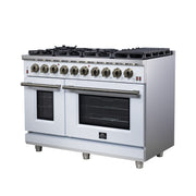 Forno Massimo 48-Inch Freestanding Gas Range with 8 Sealed Burners, 6.58 cu. ft. Oven, Air Fry Kit, Griddle & Wok Support – White with Antique Brass Accents (Model FFSGS6239-48WHT)