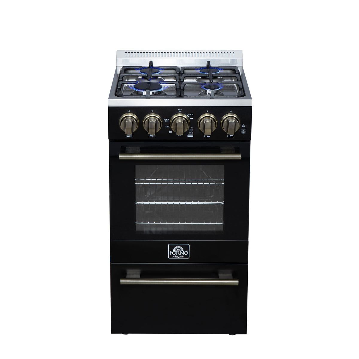 Forno Lamazze 20-Inch Freestanding Gas Range, 2.05 Cu. Ft. Oven, 4 Sealed Burners, Black with Antique Brass Accents (Model FFSGS6265-20BLK)