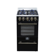 Forno Lamazze 20-Inch Freestanding Gas Range, 2.05 Cu. Ft. Oven, 4 Sealed Burners, Black with Antique Brass Accents (Model FFSGS6265-20BLK)