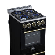 Forno Lamazze 20-Inch Freestanding Gas Range, 2.05 Cu. Ft. Oven, 4 Sealed Burners, Black with Antique Brass Accents (Model FFSGS6265-20BLK)