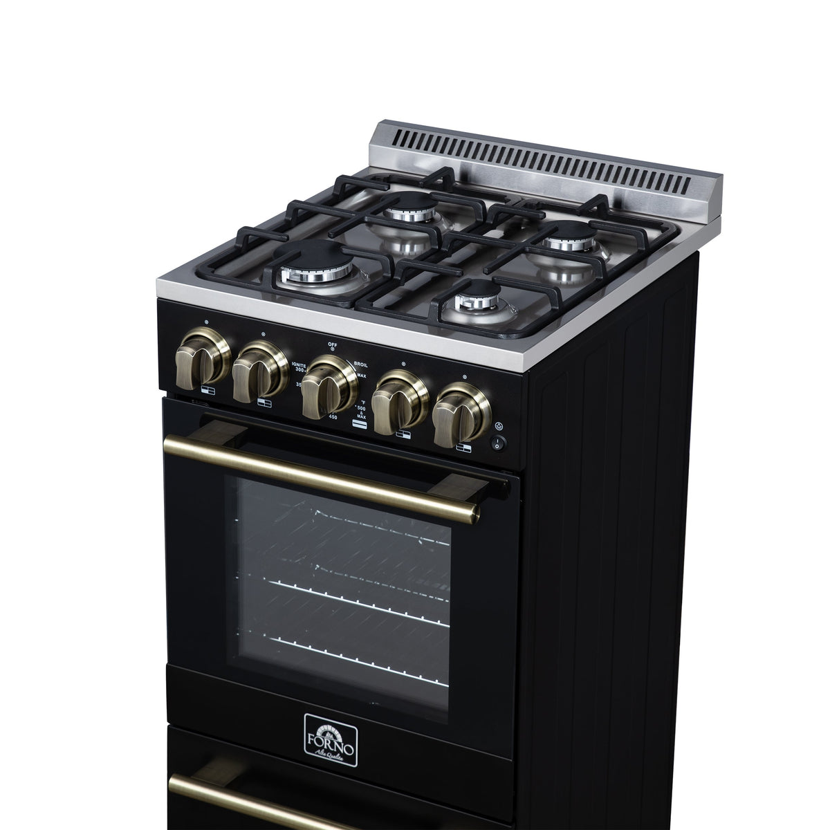 Forno Lamazze 20-Inch Freestanding Gas Range, 2.05 Cu. Ft. Oven, 4 Sealed Burners, Black with Antique Brass Accents (Model FFSGS6265-20BLK)