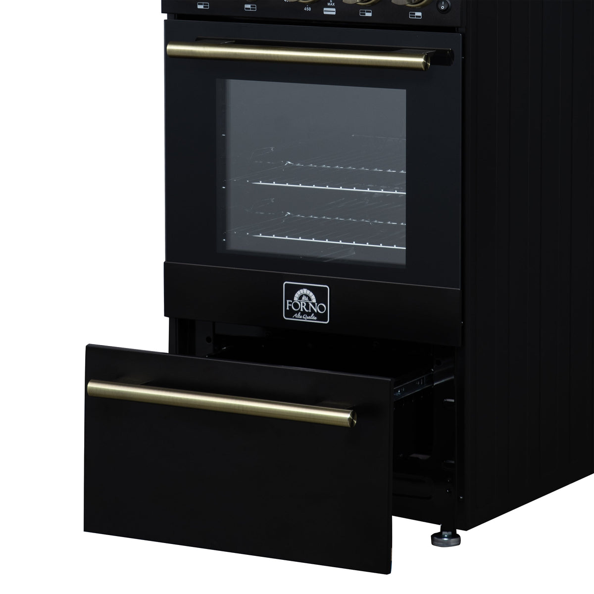 Forno Lamazze 20-Inch Freestanding Gas Range, 2.05 Cu. Ft. Oven, 4 Sealed Burners, Black with Antique Brass Accents (Model FFSGS6265-20BLK)