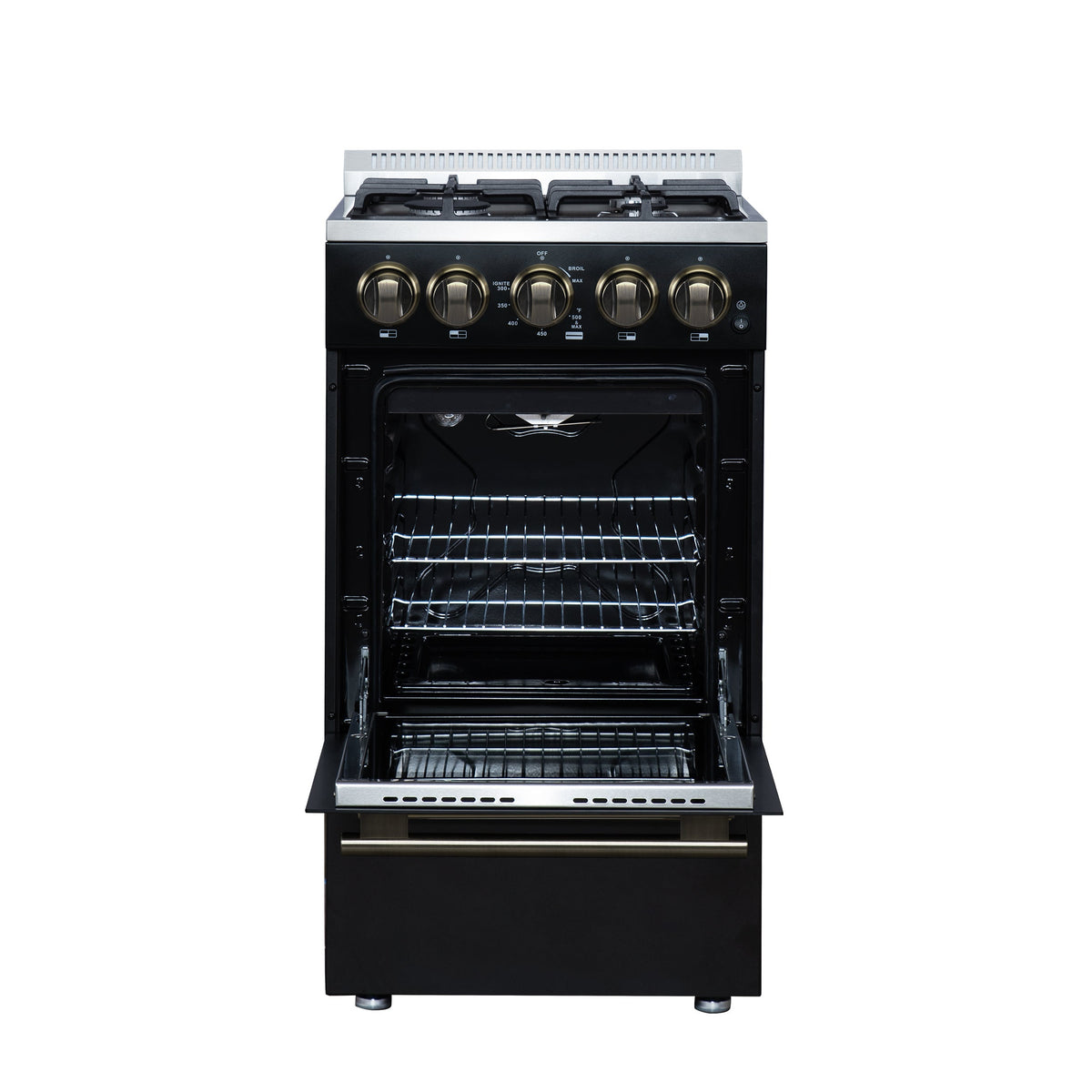 Forno Lamazze 20-Inch Freestanding Gas Range, 2.05 Cu. Ft. Oven, 4 Sealed Burners, Black with Antique Brass Accents (Model FFSGS6265-20BLK)