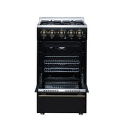 Forno Lamazze 20-Inch Freestanding Gas Range, 2.05 Cu. Ft. Oven, 4 Sealed Burners, Black with Antique Brass Accents (Model FFSGS6265-20BLK)