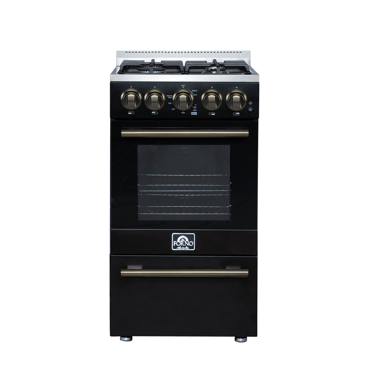 Forno Lamazze 20-Inch Freestanding Gas Range, 2.05 Cu. Ft. Oven, 4 Sealed Burners, Black with Antique Brass Accents (Model FFSGS6265-20BLK)