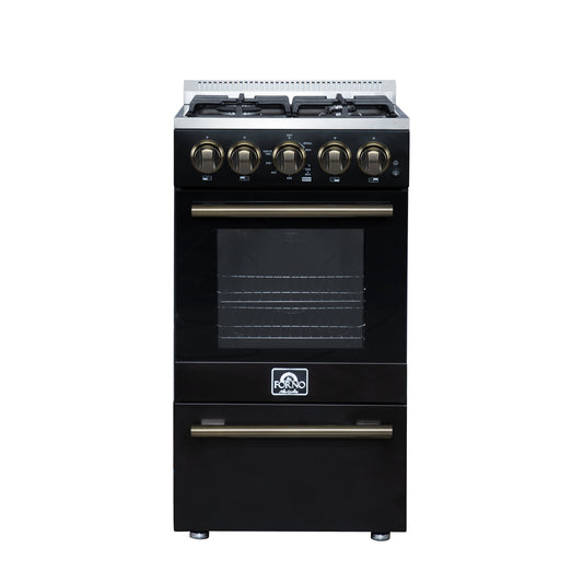 Forno Lamazze 20-Inch Freestanding Gas Range, 2.05 Cu. Ft. Oven, 4 Sealed Burners, Black with Antique Brass Accents (Model FFSGS6265-20BLK)