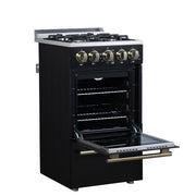 Forno Lamazze 20-Inch Freestanding Gas Range, 2.05 Cu. Ft. Oven, 4 Sealed Burners, Black with Antique Brass Accents (Model FFSGS6265-20BLK)