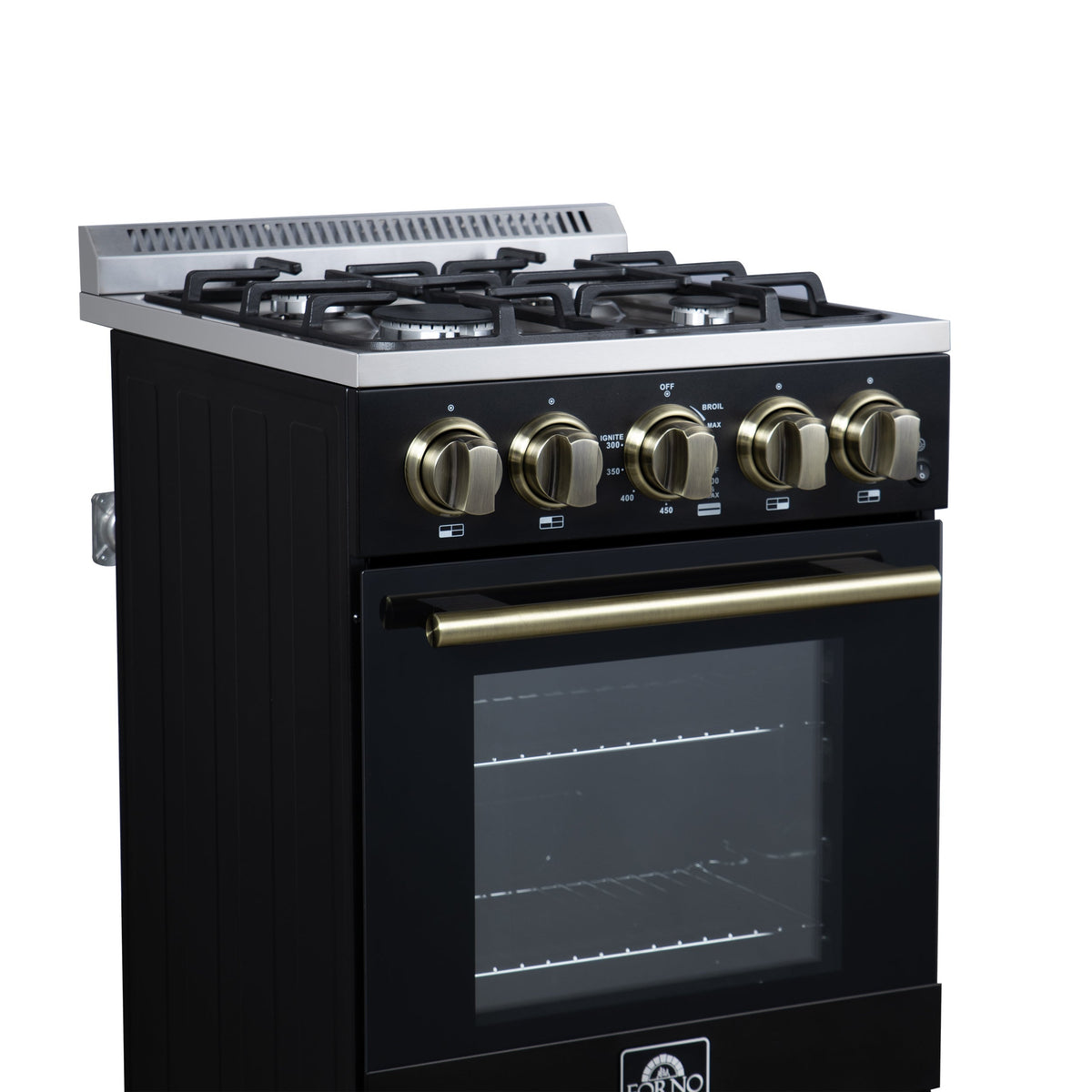 Forno Lamazze 20-Inch Freestanding Gas Range, 2.05 Cu. Ft. Oven, 4 Sealed Burners, Black with Antique Brass Accents (Model FFSGS6265-20BLK)