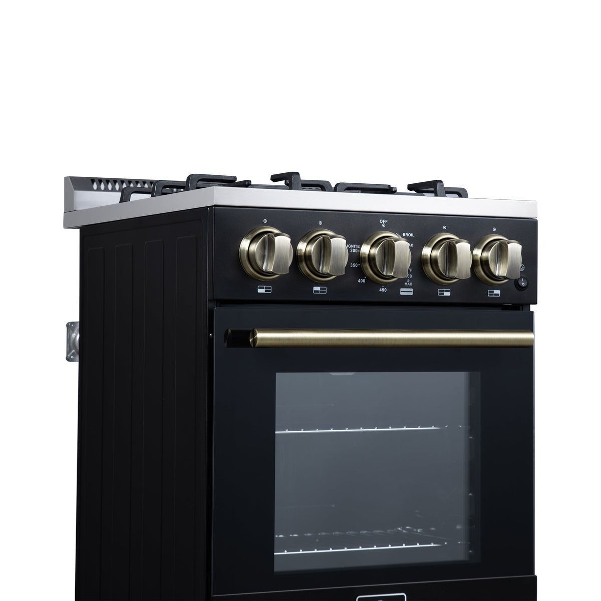 Forno Lamazze 20-Inch Freestanding Gas Range, 2.05 Cu. Ft. Oven, 4 Sealed Burners, Black with Antique Brass Accents (Model FFSGS6265-20BLK)