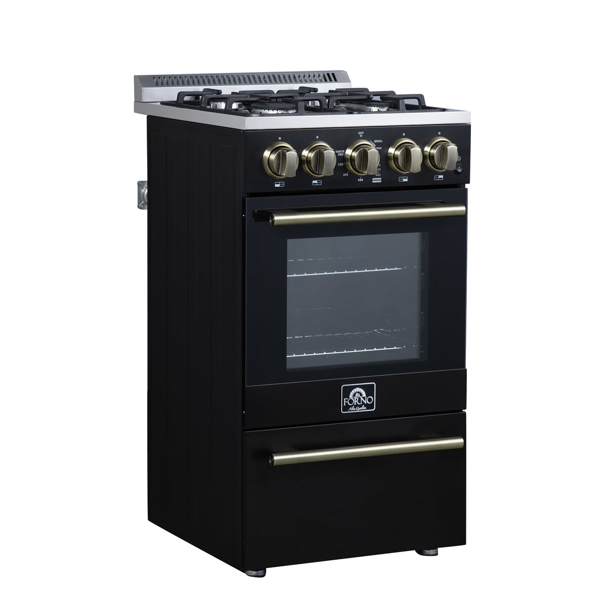 Forno Lamazze 20-Inch Freestanding Gas Range, 2.05 Cu. Ft. Oven, 4 Sealed Burners, Black with Antique Brass Accents (Model FFSGS6265-20BLK)