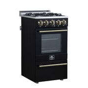 Forno Lamazze 20-Inch Freestanding Gas Range, 2.05 Cu. Ft. Oven, 4 Sealed Burners, Black with Antique Brass Accents (Model FFSGS6265-20BLK)