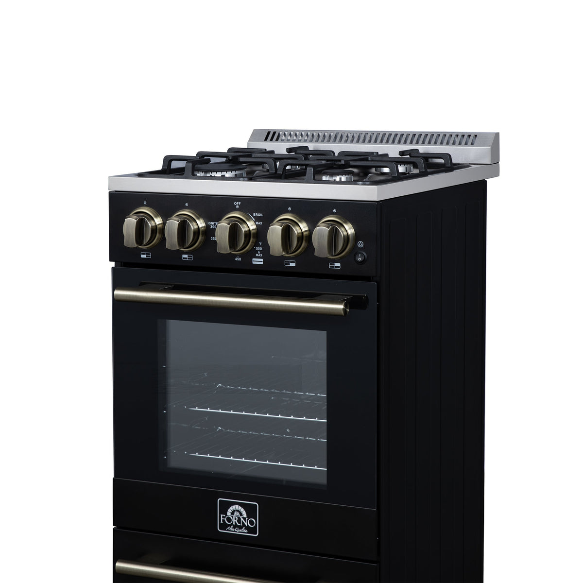 Forno Lamazze 20-Inch Freestanding Gas Range, 2.05 Cu. Ft. Oven, 4 Sealed Burners, Black with Antique Brass Accents (Model FFSGS6265-20BLK)