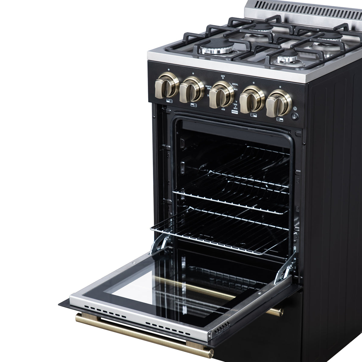 Forno Lamazze 20-Inch Freestanding Gas Range, 2.05 Cu. Ft. Oven, 4 Sealed Burners, Black with Antique Brass Accents (Model FFSGS6265-20BLK)