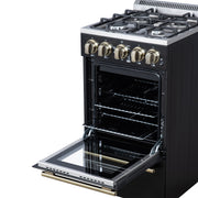 Forno Lamazze 20-Inch Freestanding Gas Range, 2.05 Cu. Ft. Oven, 4 Sealed Burners, Black with Antique Brass Accents (Model FFSGS6265-20BLK)