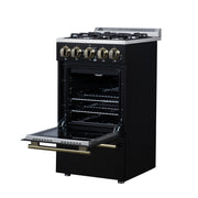 Forno Lamazze 20-Inch Freestanding Gas Range, 2.05 Cu. Ft. Oven, 4 Sealed Burners, Black with Antique Brass Accents (Model FFSGS6265-20BLK)
