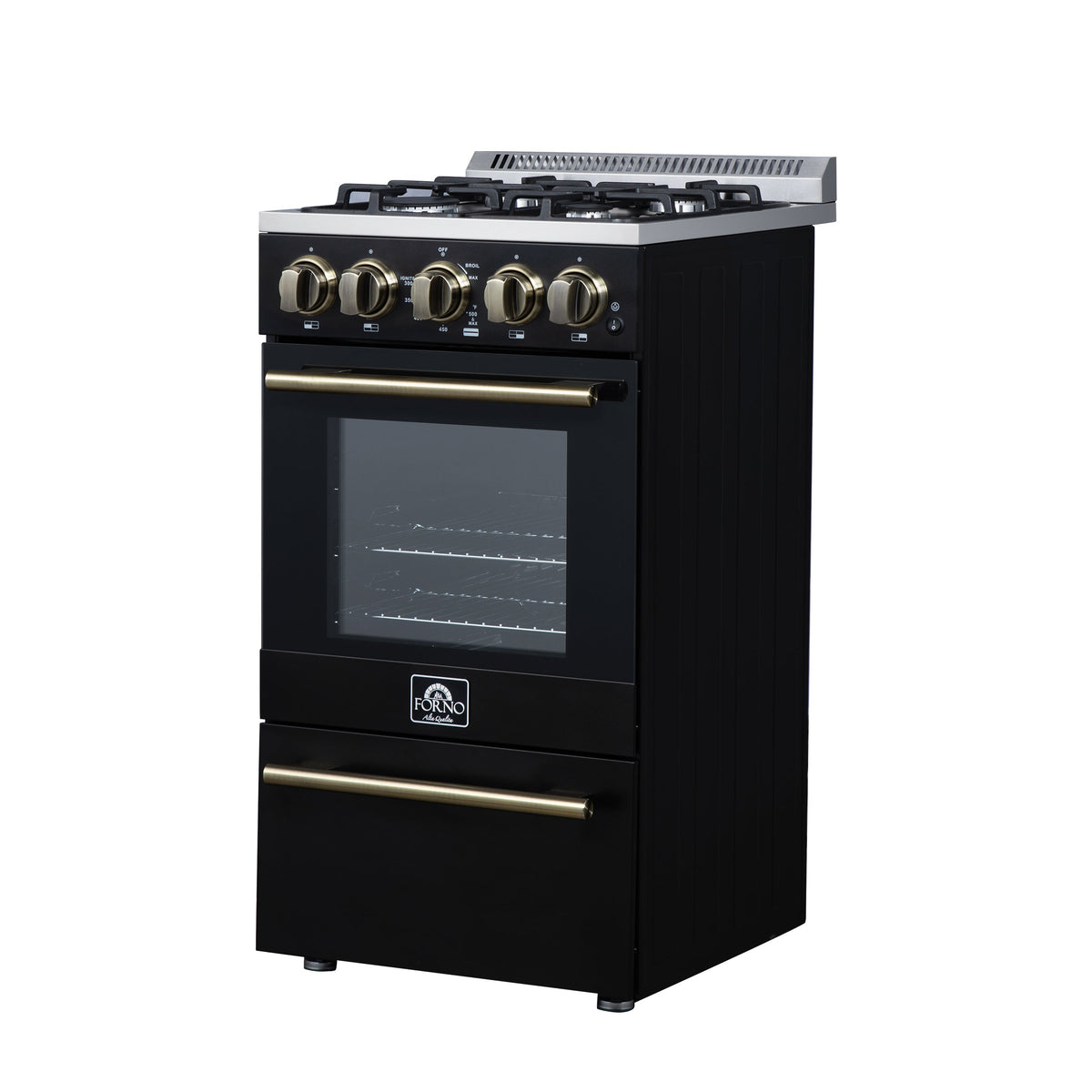 Forno Lamazze 20-Inch Freestanding Gas Range, 2.05 Cu. Ft. Oven, 4 Sealed Burners, Black with Antique Brass Accents (Model FFSGS6265-20BLK)