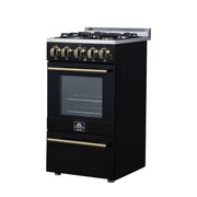 Forno Lamazze 20-Inch Freestanding Gas Range, 2.05 Cu. Ft. Oven, 4 Sealed Burners, Black with Antique Brass Accents (Model FFSGS6265-20BLK)