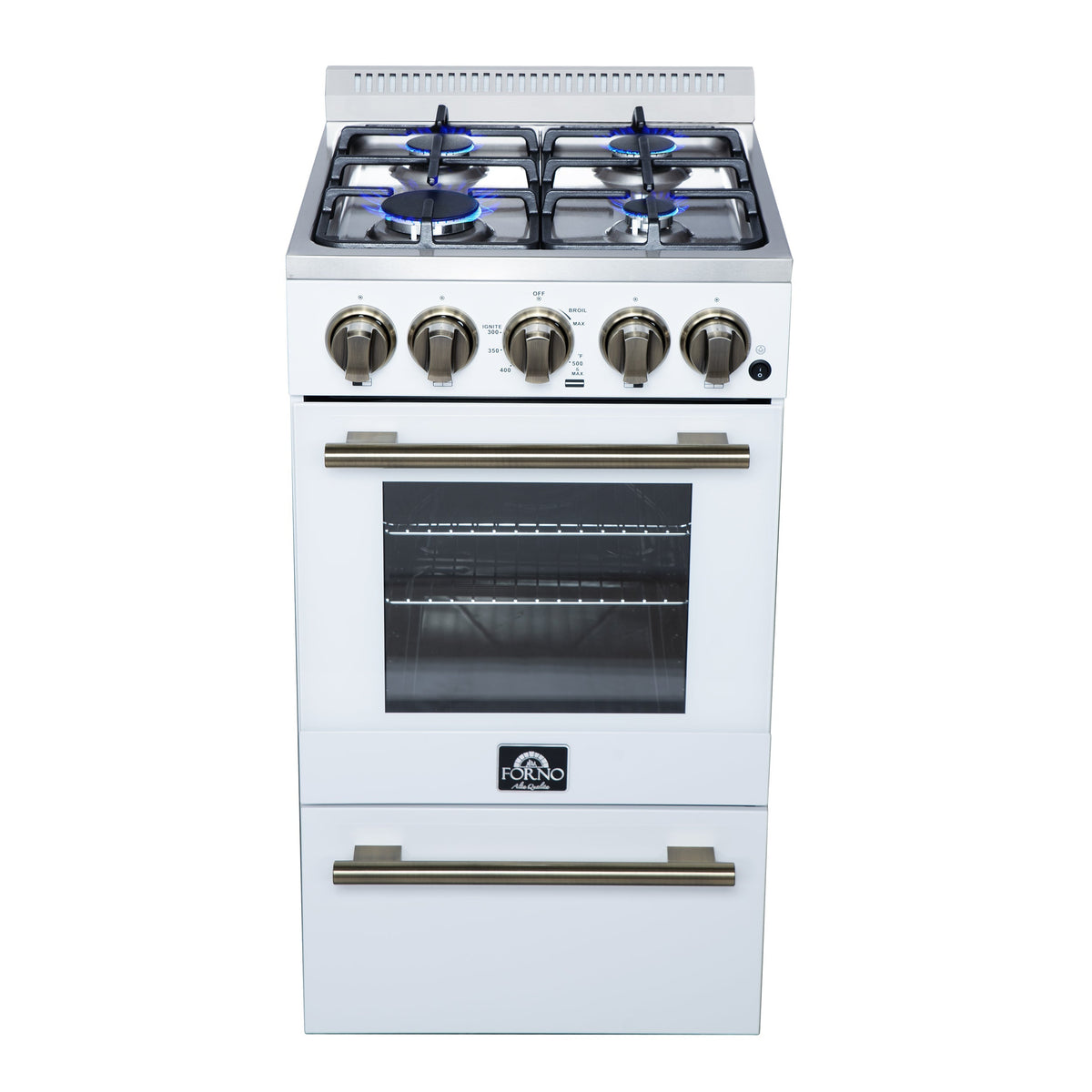 Forno Lamazze 20-Inch Freestanding Gas Range, 2.05 cu. ft. Oven, 4 Sealed Burners, White with Antique Brass Accents (Model FFSGS6265-20WHT)