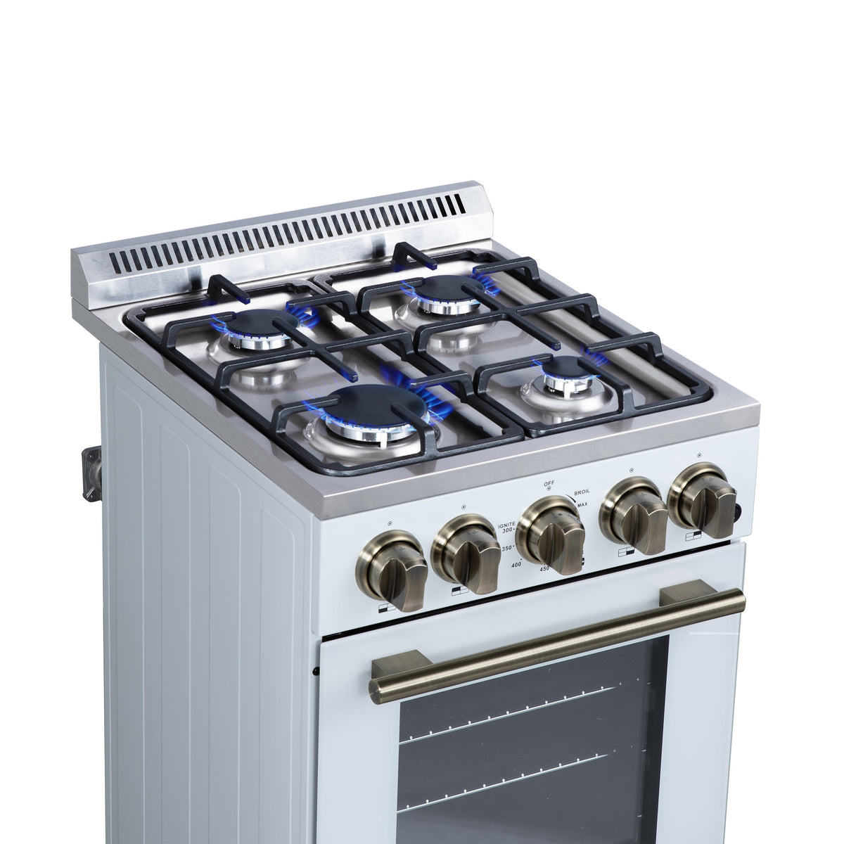 Forno Lamazze 20-Inch Freestanding Gas Range, 2.05 cu. ft. Oven, 4 Sealed Burners, White with Antique Brass Accents (Model FFSGS6265-20WHT)