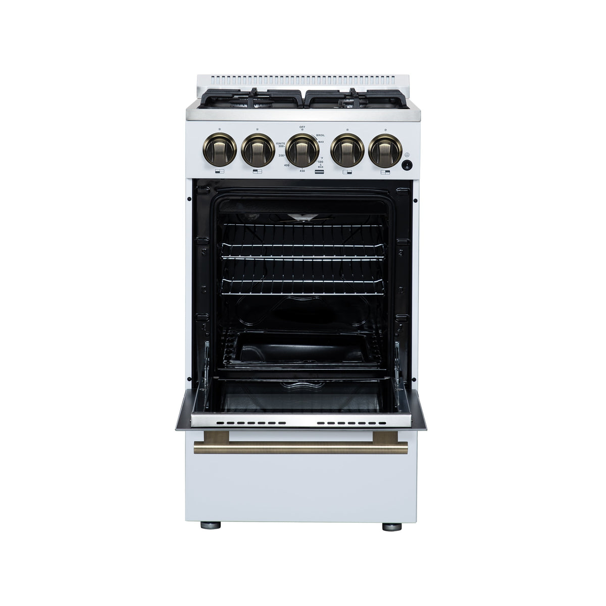 Forno Lamazze 20-Inch Freestanding Gas Range, 2.05 cu. ft. Oven, 4 Sealed Burners, White with Antique Brass Accents (Model FFSGS6265-20WHT)