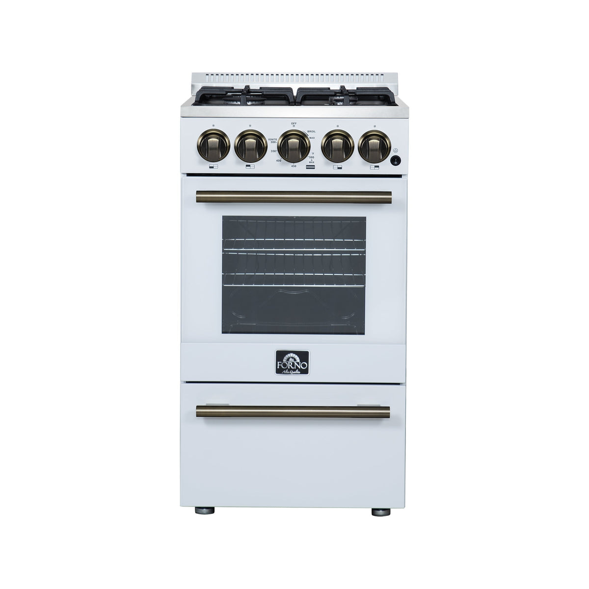 Forno Lamazze 20-Inch Freestanding Gas Range, 2.05 cu. ft. Oven, 4 Sealed Burners, White with Antique Brass Accents (Model FFSGS6265-20WHT)