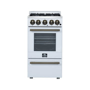 Forno Lamazze 20-Inch Freestanding Gas Range, 2.05 cu. ft. Oven, 4 Sealed Burners, White with Antique Brass Accents (Model FFSGS6265-20WHT)