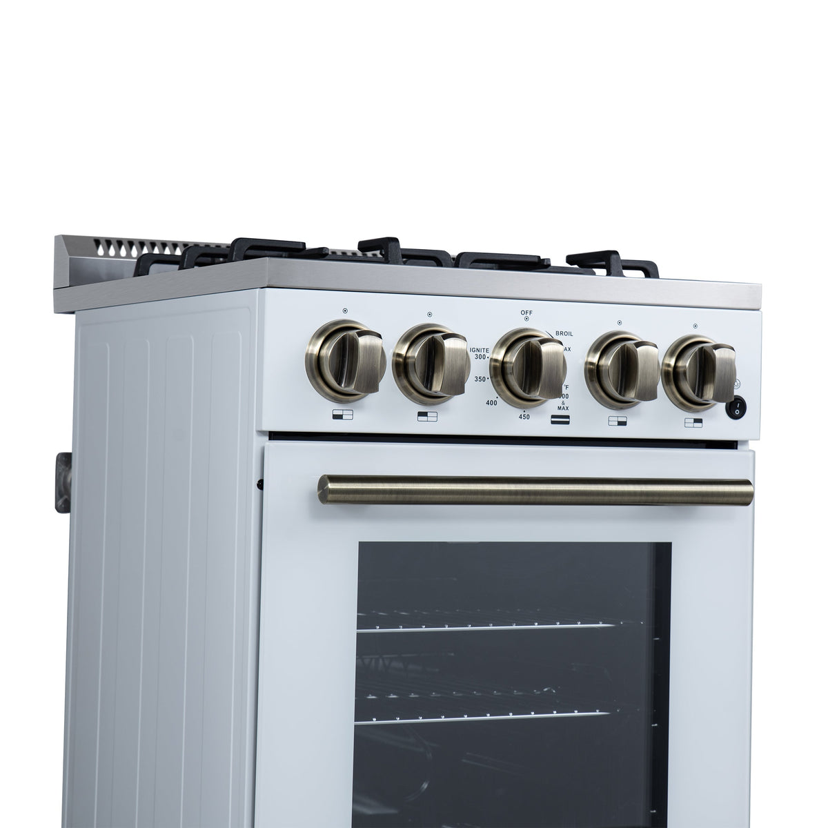 Forno Lamazze 20-Inch Freestanding Gas Range, 2.05 cu. ft. Oven, 4 Sealed Burners, White with Antique Brass Accents (Model FFSGS6265-20WHT)