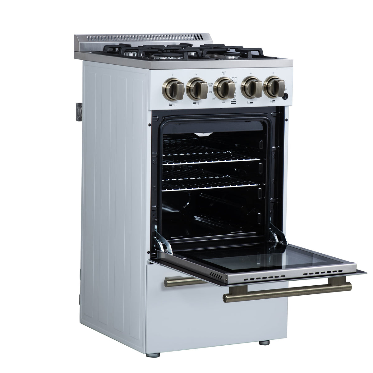 Forno Lamazze 20-Inch Freestanding Gas Range, 2.05 cu. ft. Oven, 4 Sealed Burners, White with Antique Brass Accents (Model FFSGS6265-20WHT)