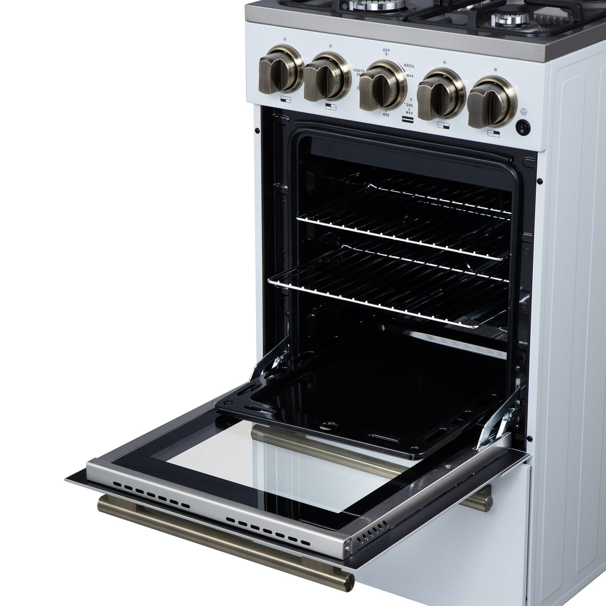 Forno Lamazze 20-Inch Freestanding Gas Range, 2.05 cu. ft. Oven, 4 Sealed Burners, White with Antique Brass Accents (Model FFSGS6265-20WHT)