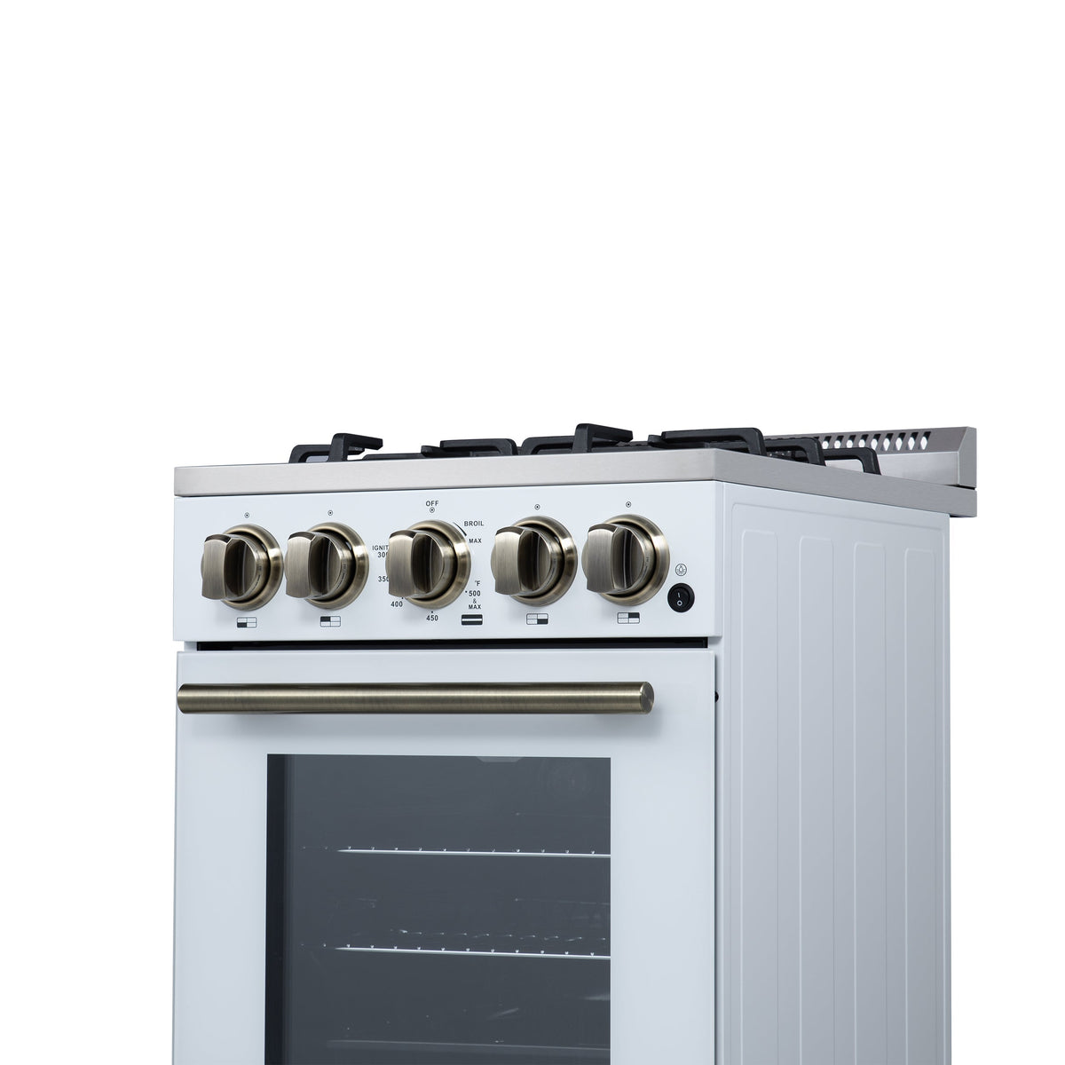 Forno Lamazze 20-Inch Freestanding Gas Range, 2.05 cu. ft. Oven, 4 Sealed Burners, White with Antique Brass Accents (Model FFSGS6265-20WHT)