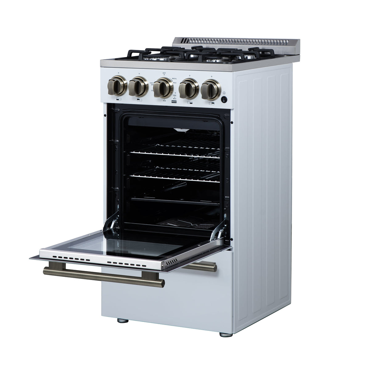 Forno Lamazze 20-Inch Freestanding Gas Range, 2.05 cu. ft. Oven, 4 Sealed Burners, White with Antique Brass Accents (Model FFSGS6265-20WHT)