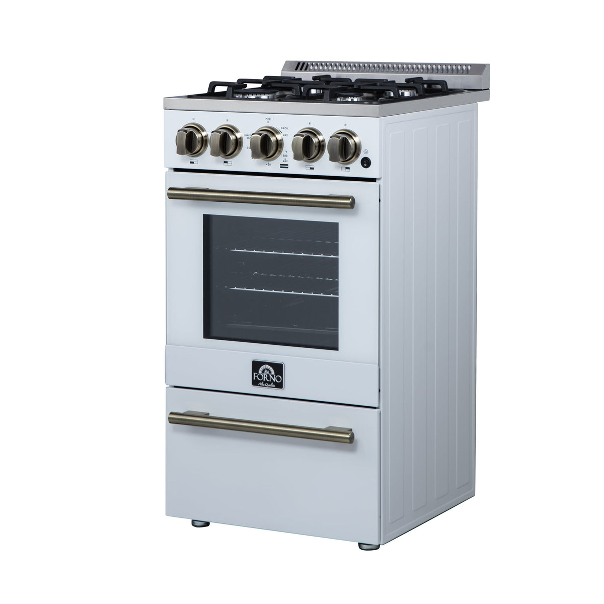 Forno Lamazze 20-Inch Freestanding Gas Range, 2.05 cu. ft. Oven, 4 Sealed Burners, White with Antique Brass Accents (Model FFSGS6265-20WHT)