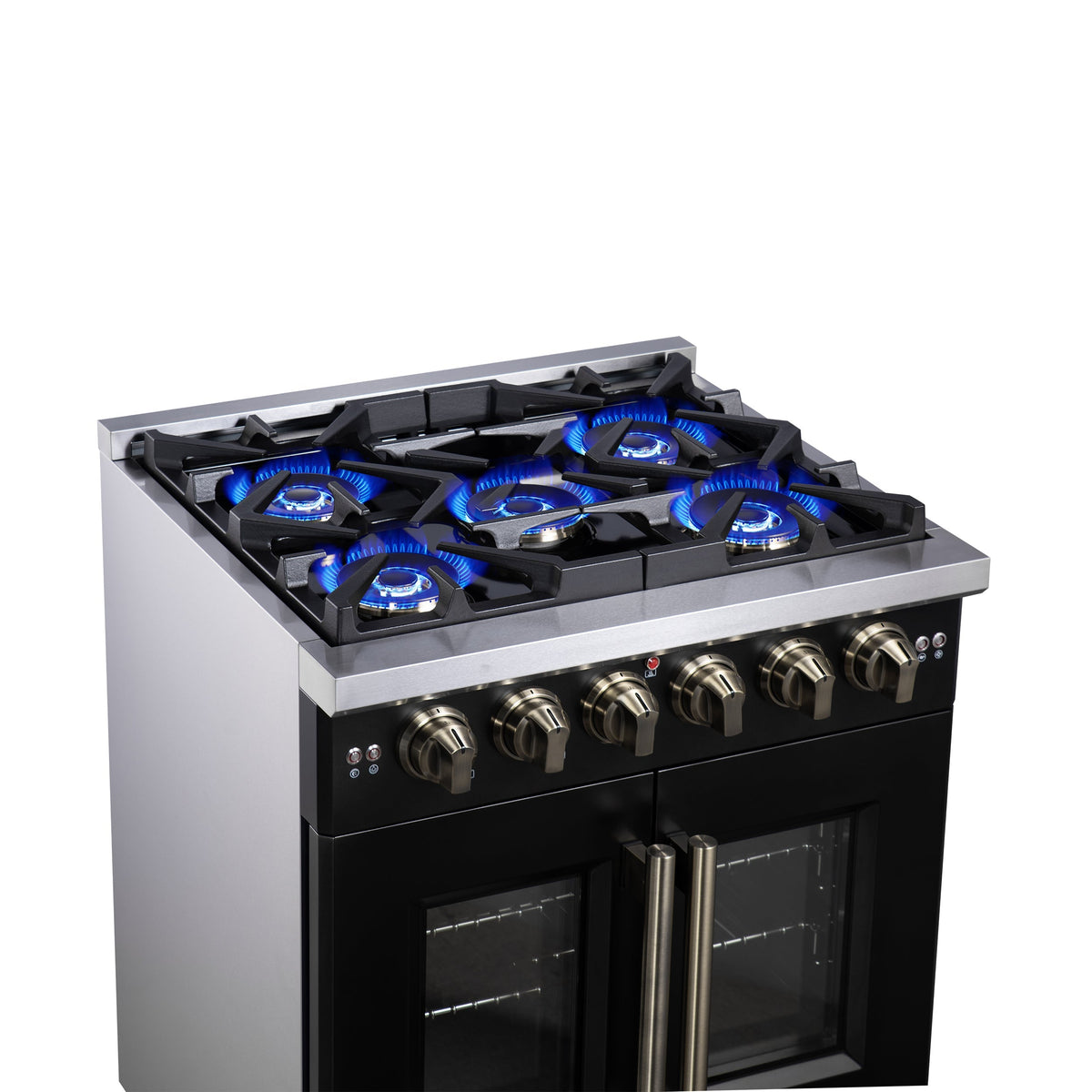 Forno Capriasca 30-Inch French Door Gas Range, 4.32 cu. ft., 5 Sealed Burners, Air Fryer Kit, Rotisserie Kit, Wok Support, Griddle, Black with Antique Brass Accents (FFSGS6460-30BLK)