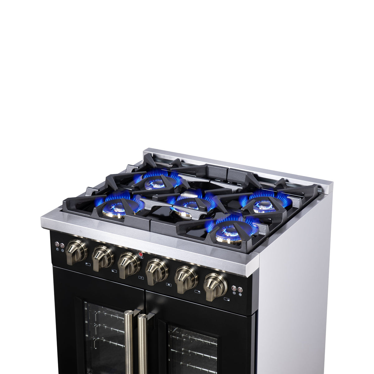 Forno Capriasca 30-Inch French Door Gas Range, 4.32 cu. ft., 5 Sealed Burners, Air Fryer Kit, Rotisserie Kit, Wok Support, Griddle, Black with Antique Brass Accents (FFSGS6460-30BLK)
