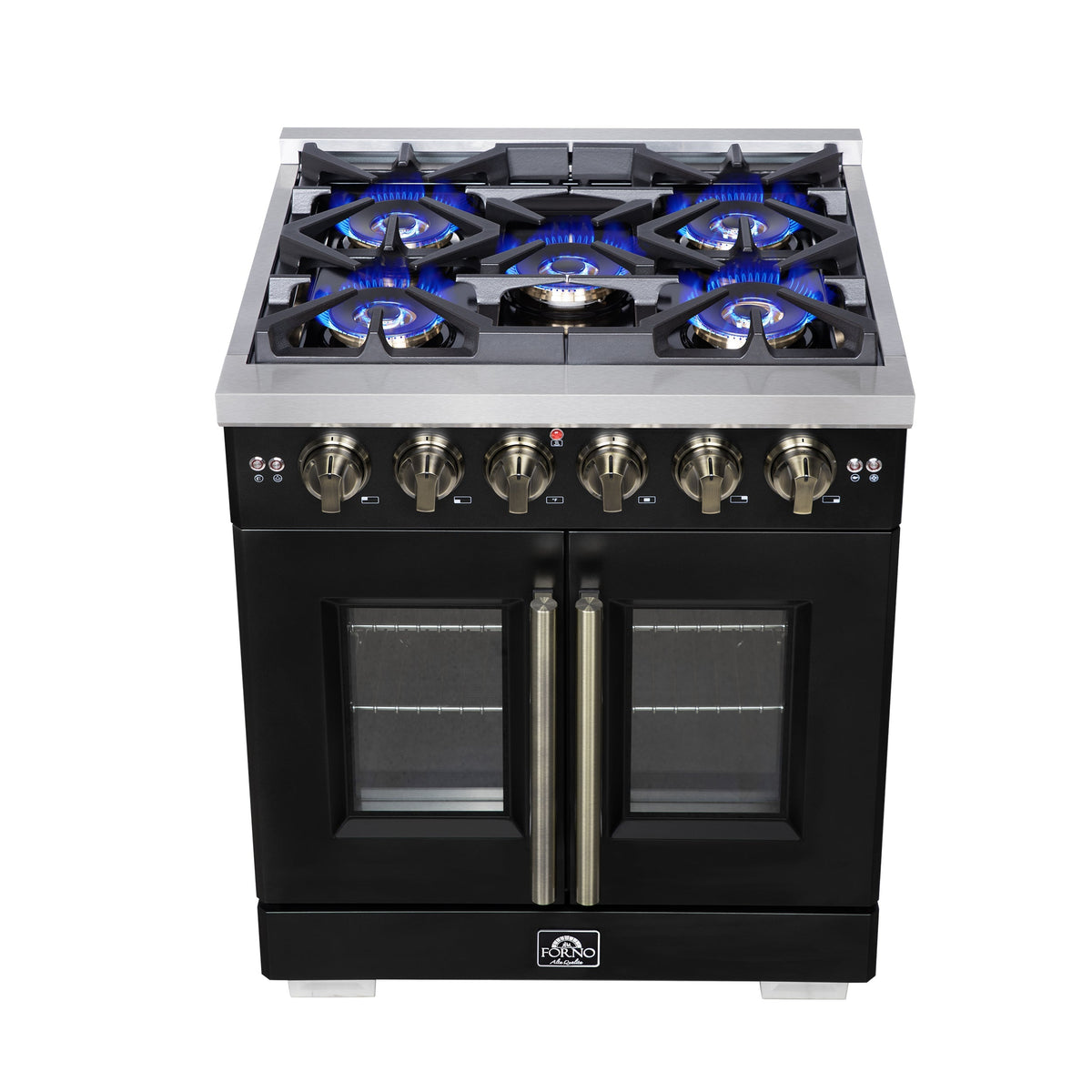 Forno Capriasca 30-Inch French Door Gas Range, 4.32 cu. ft., 5 Sealed Burners, Air Fryer Kit, Rotisserie Kit, Wok Support, Griddle, Black with Antique Brass Accents (FFSGS6460-30BLK)