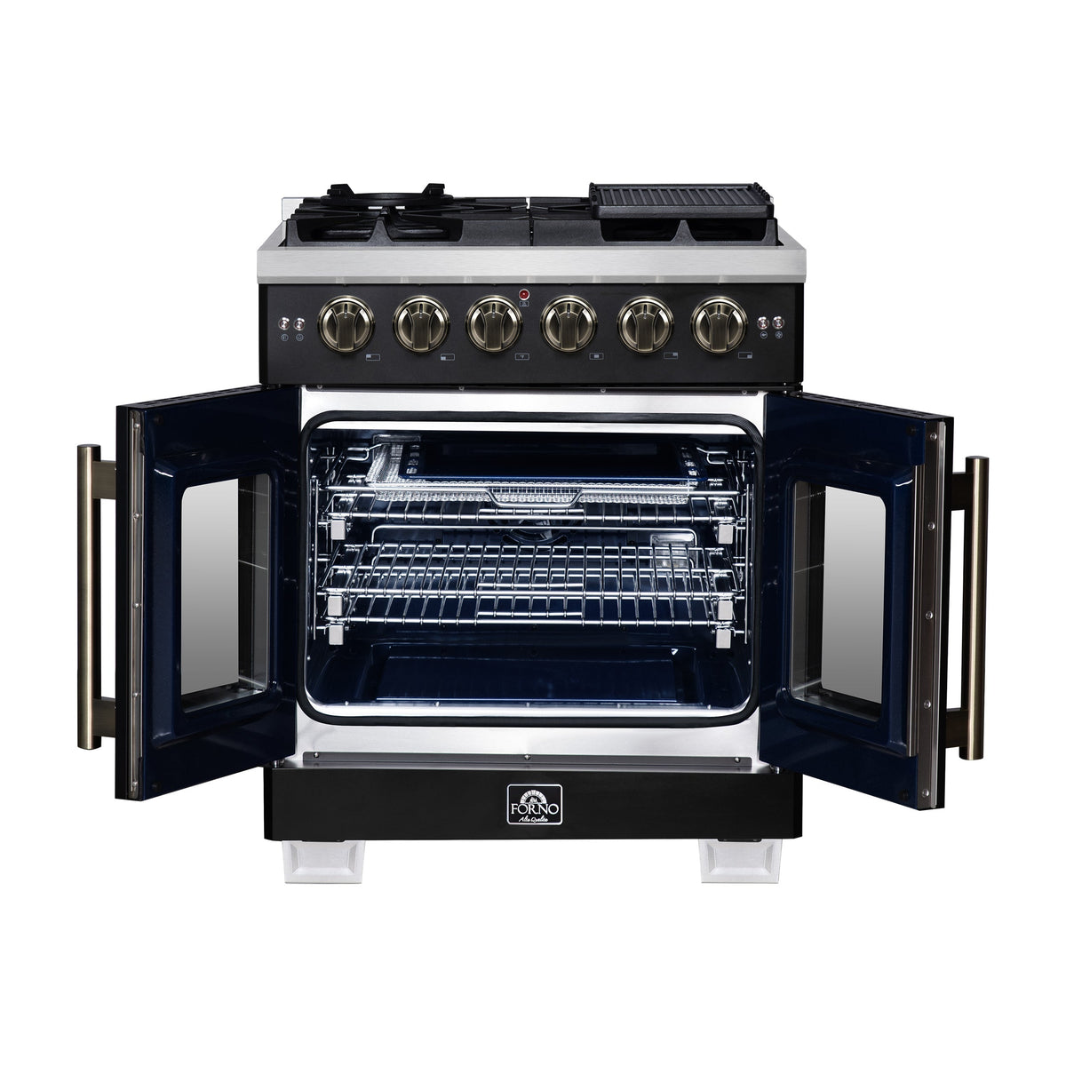 Forno Capriasca 30-Inch French Door Gas Range, 4.32 cu. ft., 5 Sealed Burners, Air Fryer Kit, Rotisserie Kit, Wok Support, Griddle, Black with Antique Brass Accents (FFSGS6460-30BLK)