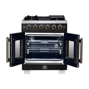 Forno Capriasca 30-Inch French Door Gas Range, 4.32 cu. ft., 5 Sealed Burners, Air Fryer Kit, Rotisserie Kit, Wok Support, Griddle, Black with Antique Brass Accents (FFSGS6460-30BLK)
