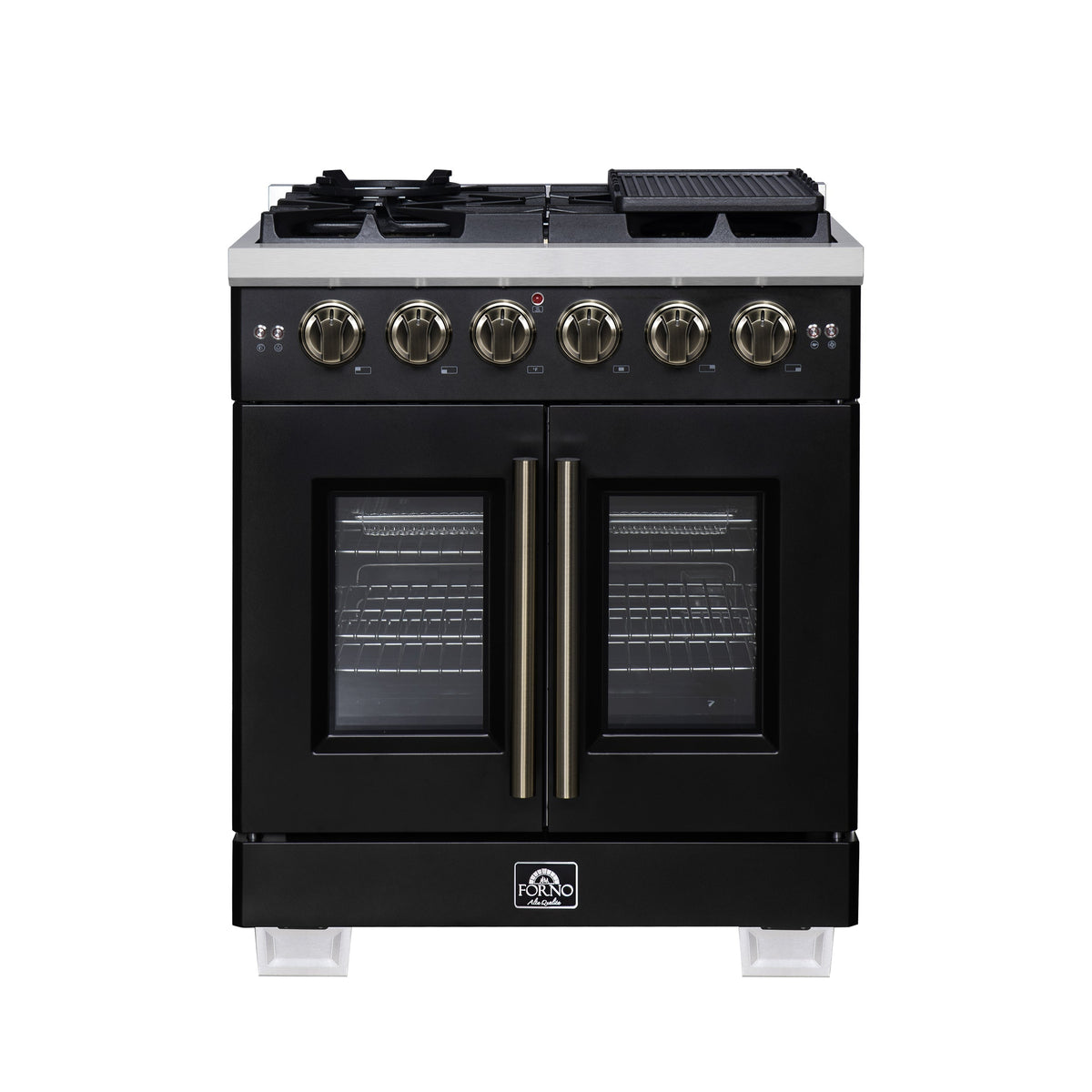 Forno Capriasca 30-Inch French Door Gas Range, 4.32 cu. ft., 5 Sealed Burners, Air Fryer Kit, Rotisserie Kit, Wok Support, Griddle, Black with Antique Brass Accents (FFSGS6460-30BLK)