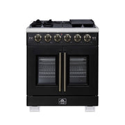 Forno Capriasca 30-Inch French Door Gas Range, 4.32 cu. ft., 5 Sealed Burners, Air Fryer Kit, Rotisserie Kit, Wok Support, Griddle, Black with Antique Brass Accents (FFSGS6460-30BLK)