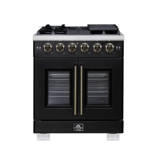 Forno Capriasca 30-Inch French Door Gas Range, 4.32 cu. ft., 5 Sealed Burners, Air Fryer Kit, Rotisserie Kit, Wok Support, Griddle, Black with Antique Brass Accents (FFSGS6460-30BLK)