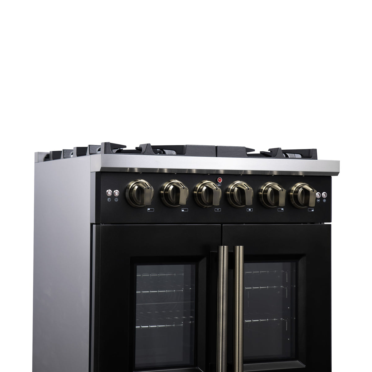 Forno Capriasca 30-Inch French Door Gas Range, 4.32 cu. ft., 5 Sealed Burners, Air Fryer Kit, Rotisserie Kit, Wok Support, Griddle, Black with Antique Brass Accents (FFSGS6460-30BLK)