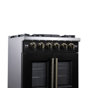 Forno Capriasca 30-Inch French Door Gas Range, 4.32 cu. ft., 5 Sealed Burners, Air Fryer Kit, Rotisserie Kit, Wok Support, Griddle, Black with Antique Brass Accents (FFSGS6460-30BLK)