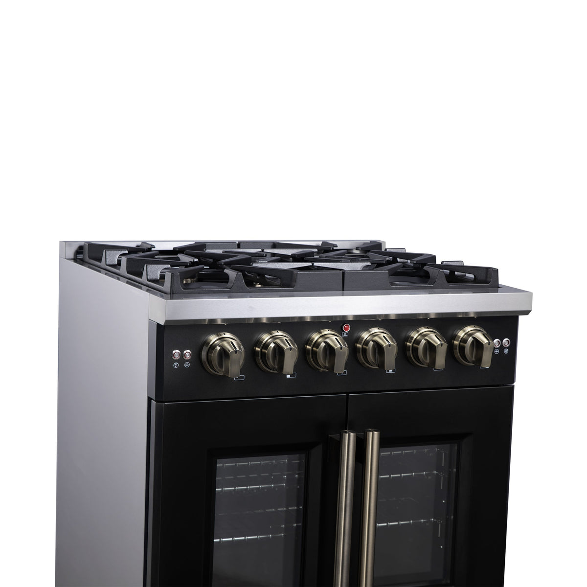 Forno Capriasca 30-Inch French Door Gas Range, 4.32 cu. ft., 5 Sealed Burners, Air Fryer Kit, Rotisserie Kit, Wok Support, Griddle, Black with Antique Brass Accents (FFSGS6460-30BLK)