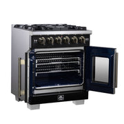 Forno Capriasca 30-Inch French Door Gas Range, 4.32 cu. ft., 5 Sealed Burners, Air Fryer Kit, Rotisserie Kit, Wok Support, Griddle, Black with Antique Brass Accents (FFSGS6460-30BLK)