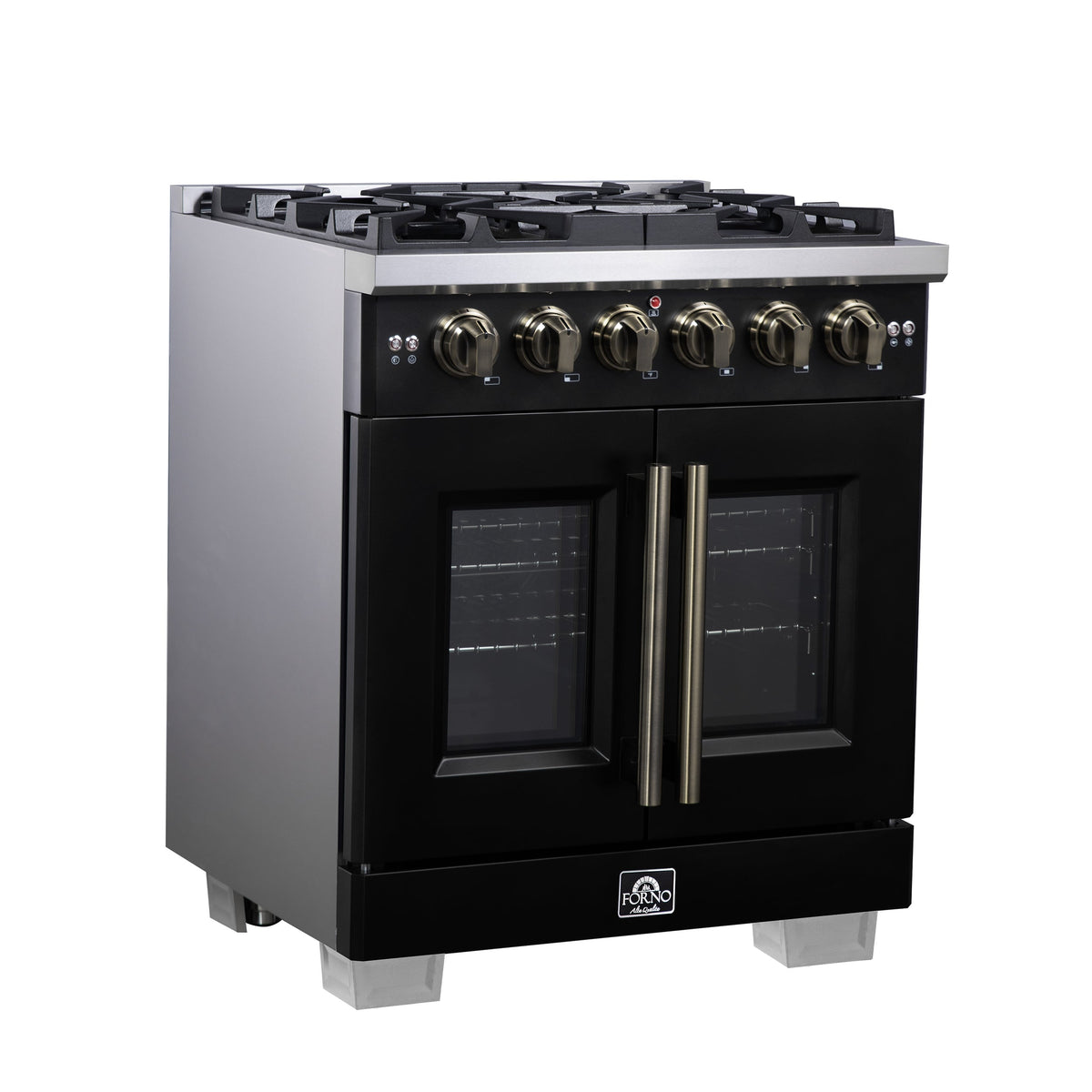 Forno Capriasca 30-Inch French Door Gas Range, 4.32 cu. ft., 5 Sealed Burners, Air Fryer Kit, Rotisserie Kit, Wok Support, Griddle, Black with Antique Brass Accents (FFSGS6460-30BLK)