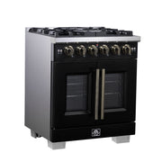 Forno Capriasca 30-Inch French Door Gas Range, 4.32 cu. ft., 5 Sealed Burners, Air Fryer Kit, Rotisserie Kit, Wok Support, Griddle, Black with Antique Brass Accents (FFSGS6460-30BLK)