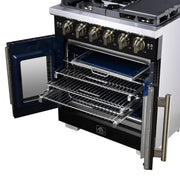 Forno Capriasca 30-Inch French Door Gas Range, 4.32 cu. ft., 5 Sealed Burners, Air Fryer Kit, Rotisserie Kit, Wok Support, Griddle, Black with Antique Brass Accents (FFSGS6460-30BLK)