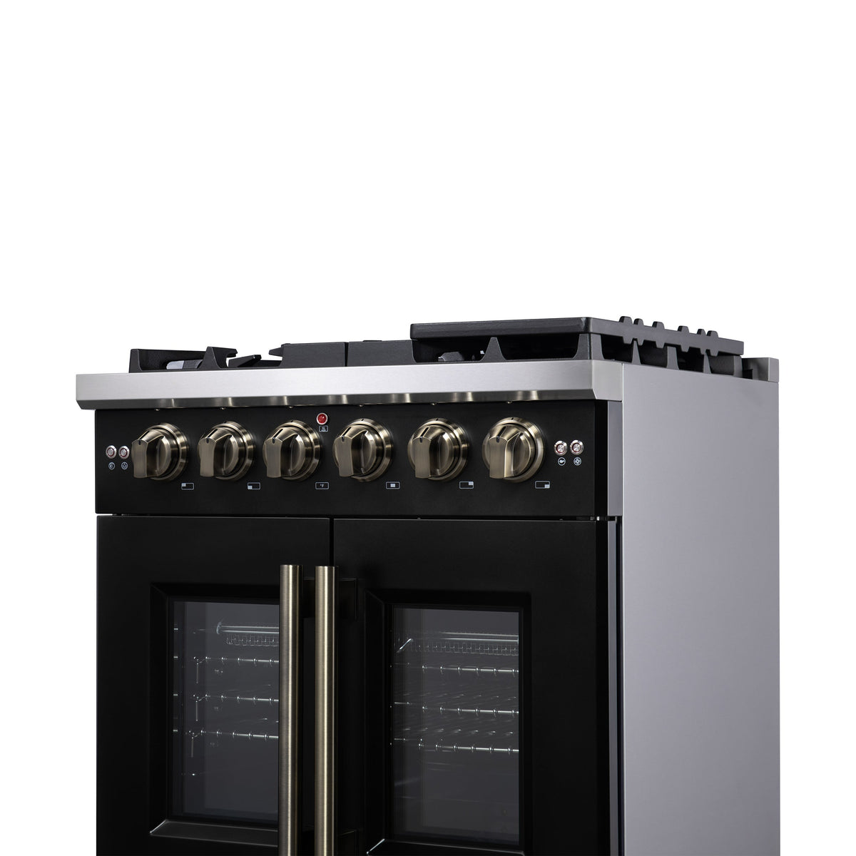 Forno Capriasca 30-Inch French Door Gas Range, 4.32 cu. ft., 5 Sealed Burners, Air Fryer Kit, Rotisserie Kit, Wok Support, Griddle, Black with Antique Brass Accents (FFSGS6460-30BLK)