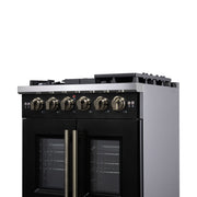 Forno Capriasca 30-Inch French Door Gas Range, 4.32 cu. ft., 5 Sealed Burners, Air Fryer Kit, Rotisserie Kit, Wok Support, Griddle, Black with Antique Brass Accents (FFSGS6460-30BLK)