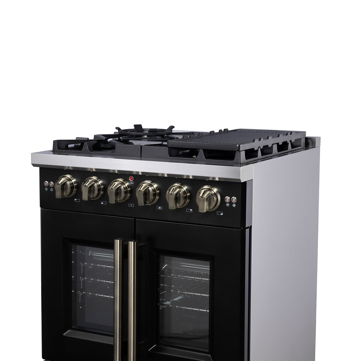 Forno Capriasca 30-Inch French Door Gas Range, 4.32 cu. ft., 5 Sealed Burners, Air Fryer Kit, Rotisserie Kit, Wok Support, Griddle, Black with Antique Brass Accents (FFSGS6460-30BLK)